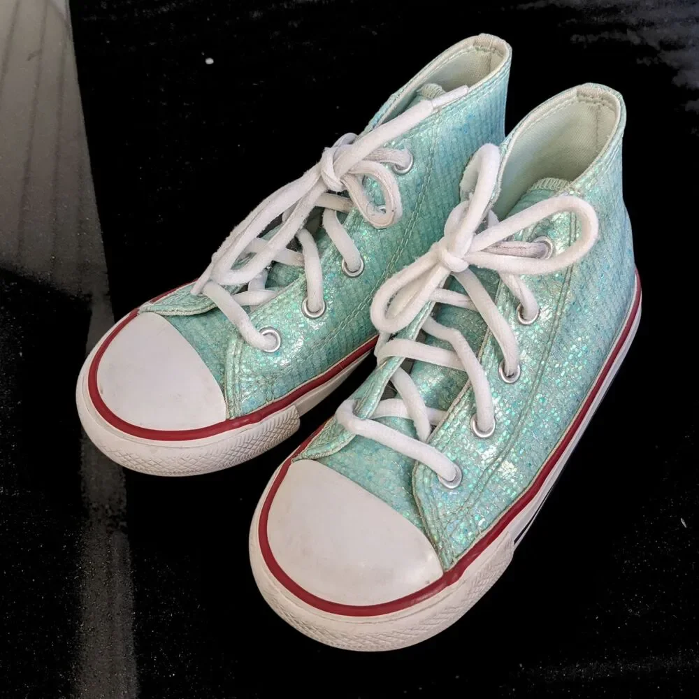 Girls Sz 10 Sequin Sparkle Seafoam Green Converse Chuck Taylor All Star Hi Tops